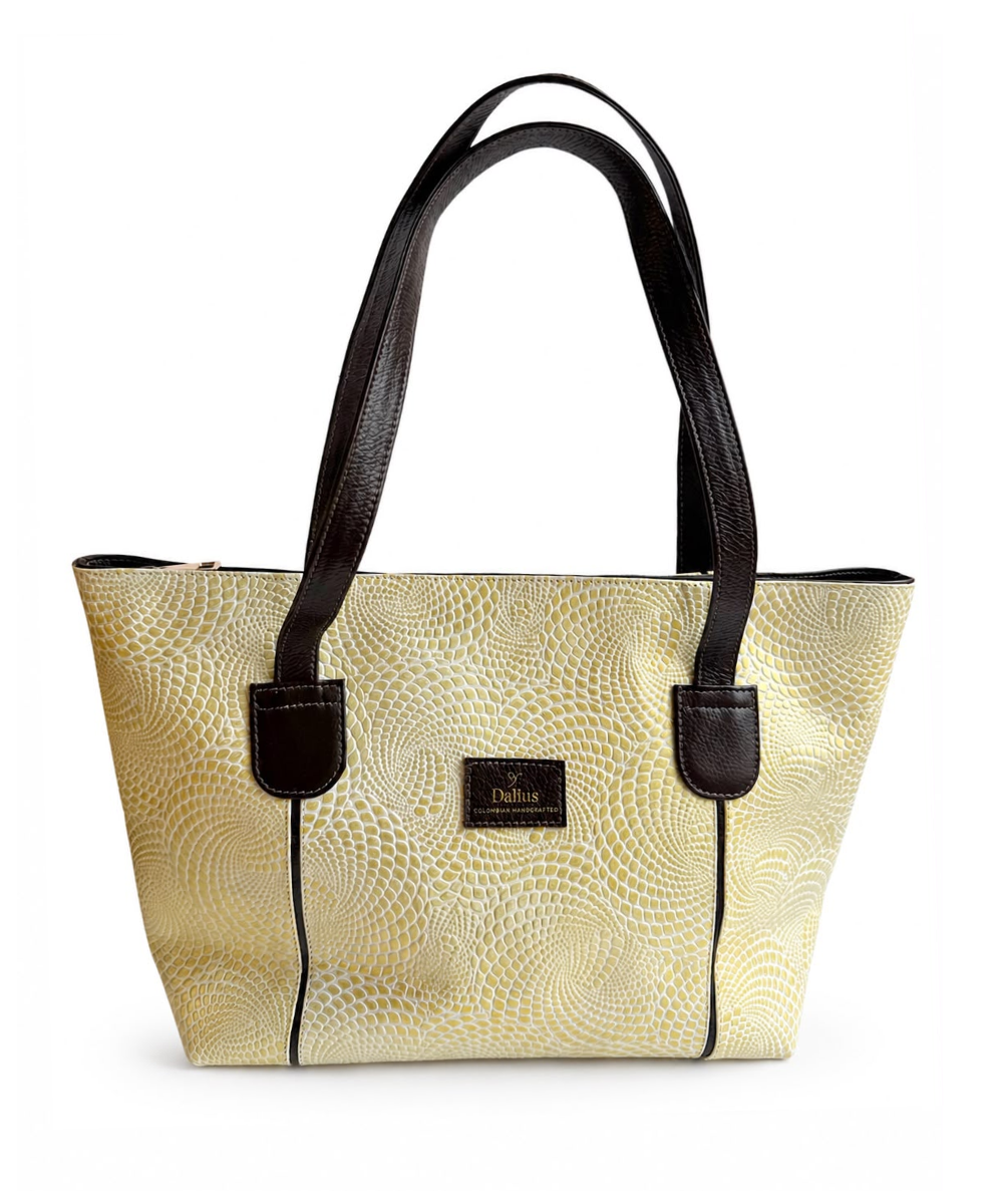 Bolso tote grande en cuero texturizado Marfil Dorado