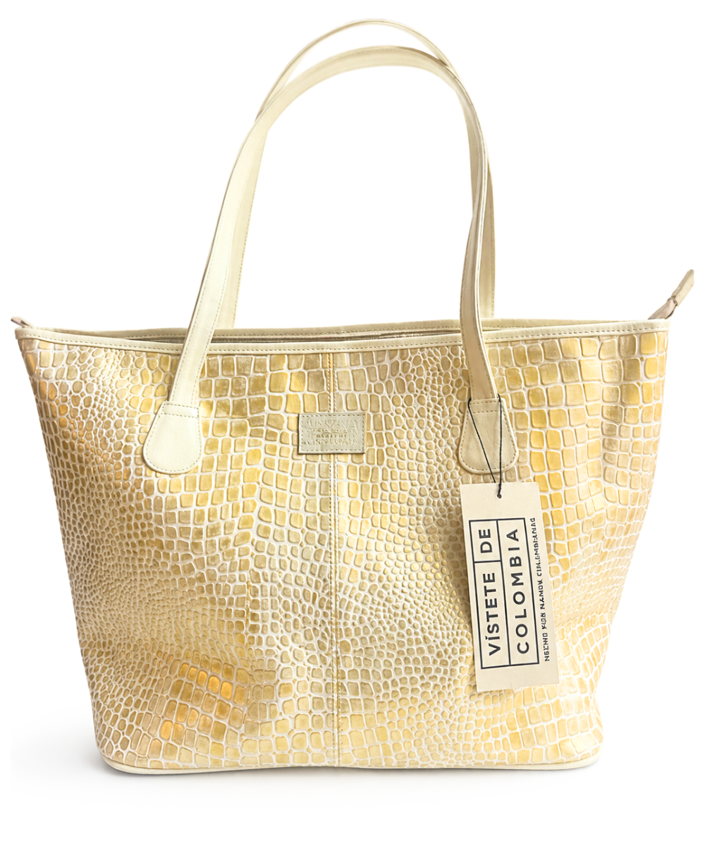Bolso tote en cuero texturizado Marfil Dorado